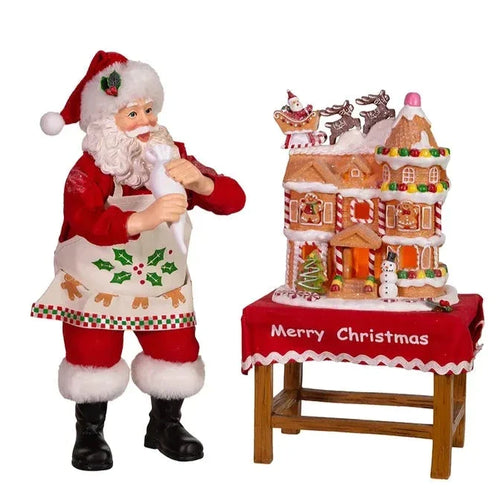 10.5" Fabriché™ Battery-Operated Santa With Gingerbread Houses, 2-Piece Set - Christmas Decor - The Well Appointed House