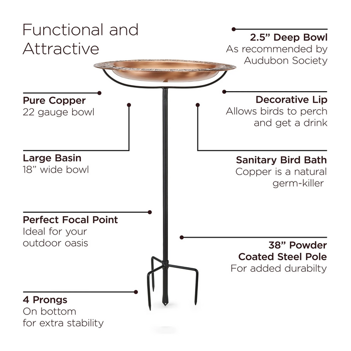 18" Greek-Inspired Copper Birdbath with Garden Pole - The Well Appointed House