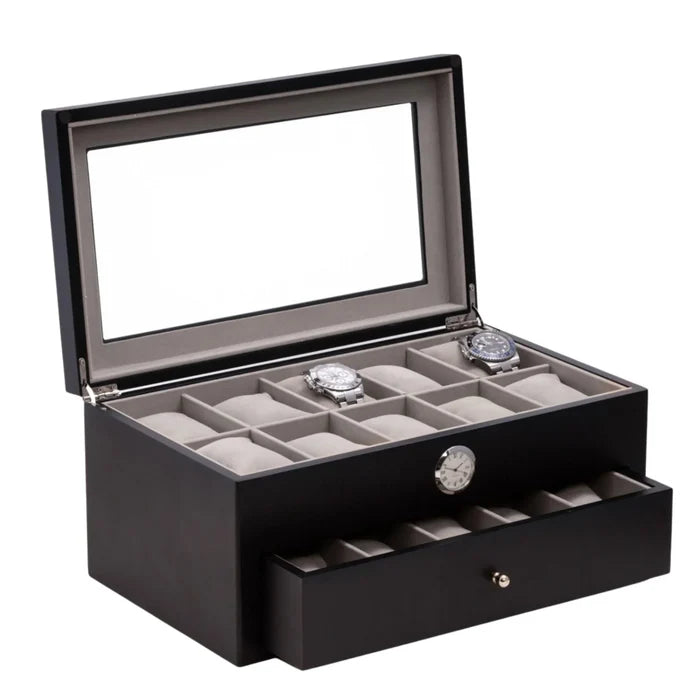 20 Watch Box with Glass Top and Clock in Black - Jewelry & Watch Cases - The Well Appointed House