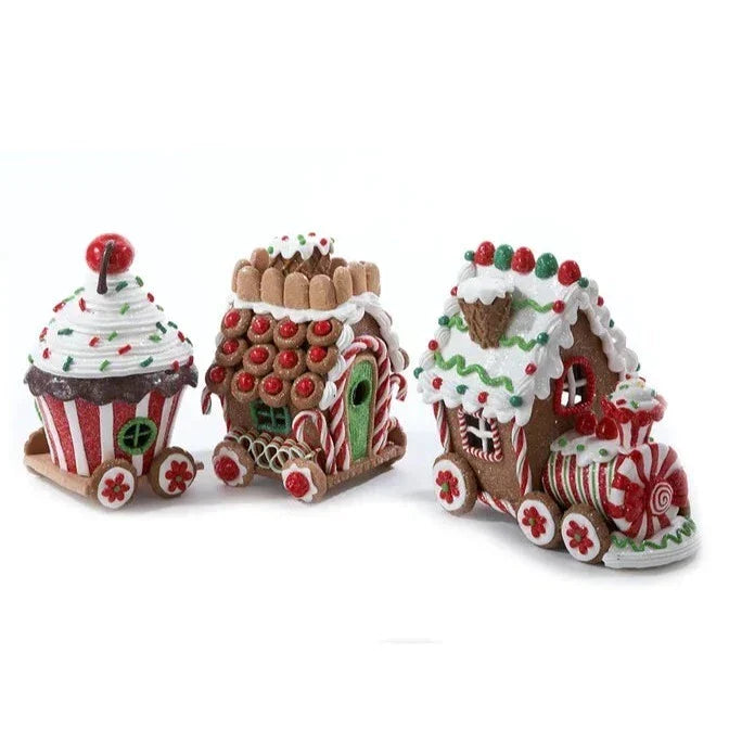 4.3" Battery-Operated LED Claydough Gingerbread Train, 3 Piece Set - Christmas Decor - The Well Appointed House