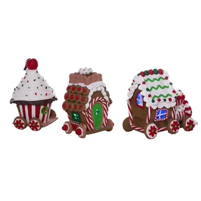 4.3" Battery-Operated LED Claydough Gingerbread Train, 3 Piece Set - Christmas Decor - The Well Appointed House