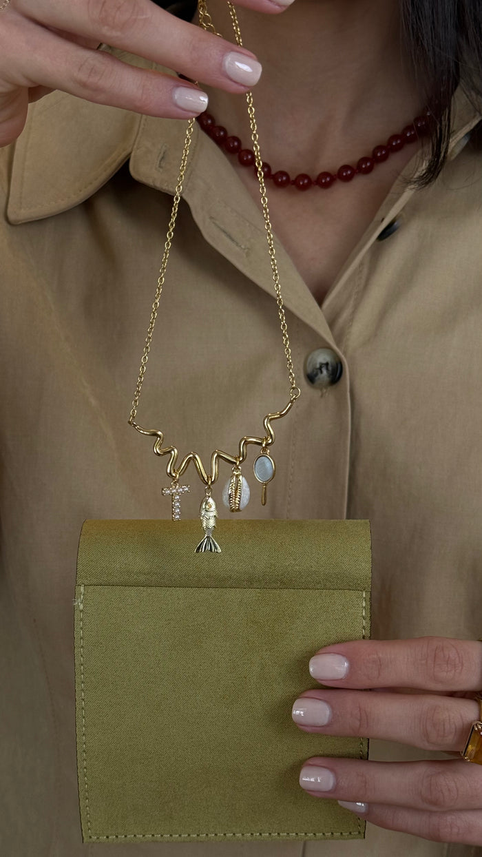 Textured gold Contour charm necklace with an open curve for adding charms
