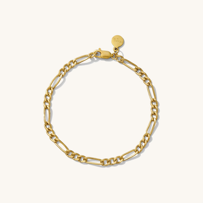 Close up of a gold chain bracelet on a white background