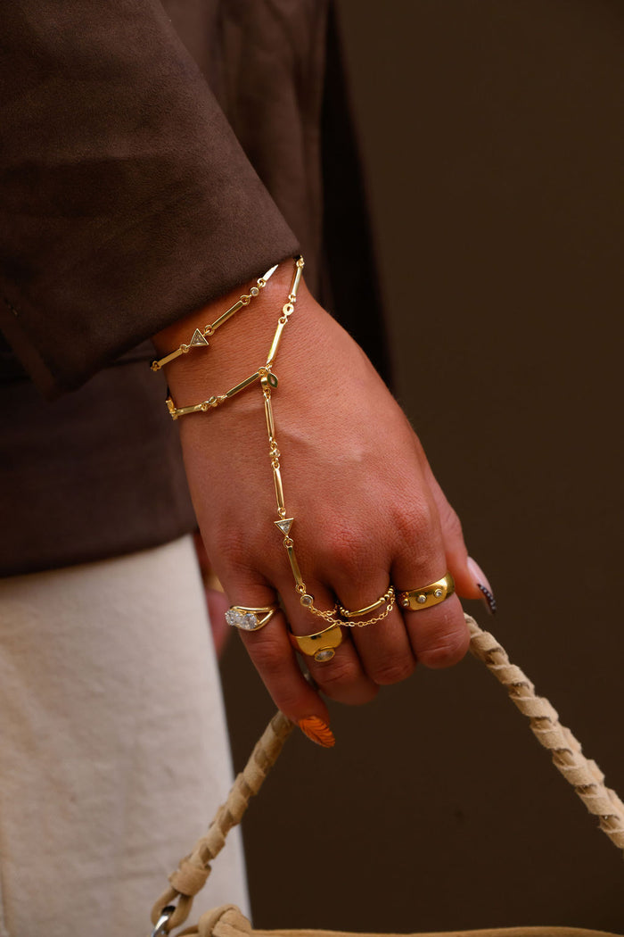 Gold Anna bezel ring with three bezel-set stones across a slim band