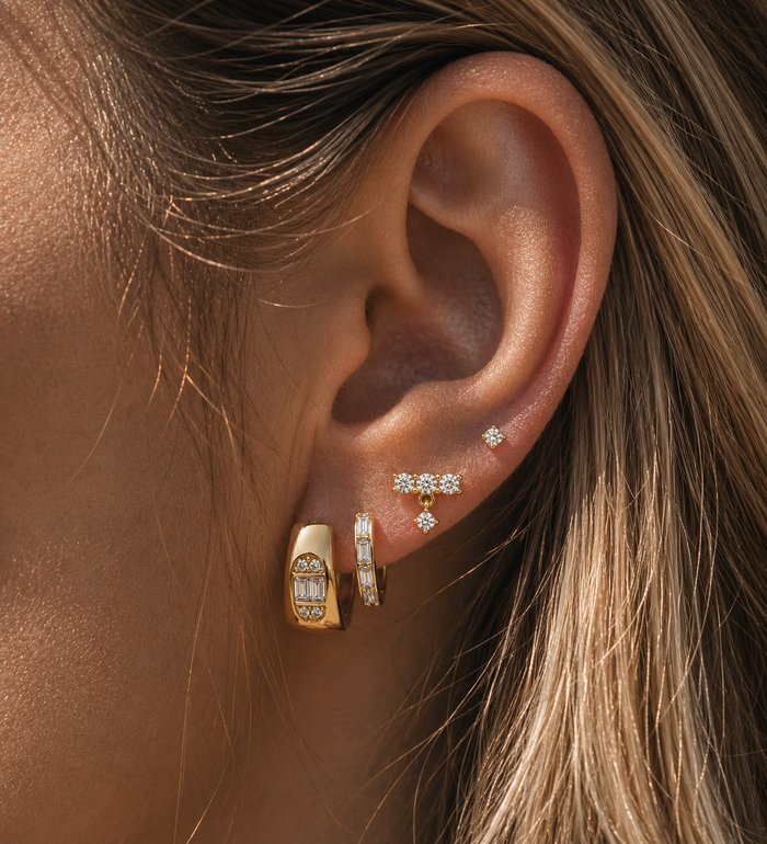Baguette Drop earrings in 14k gold vermeil with a single dangling white topaz