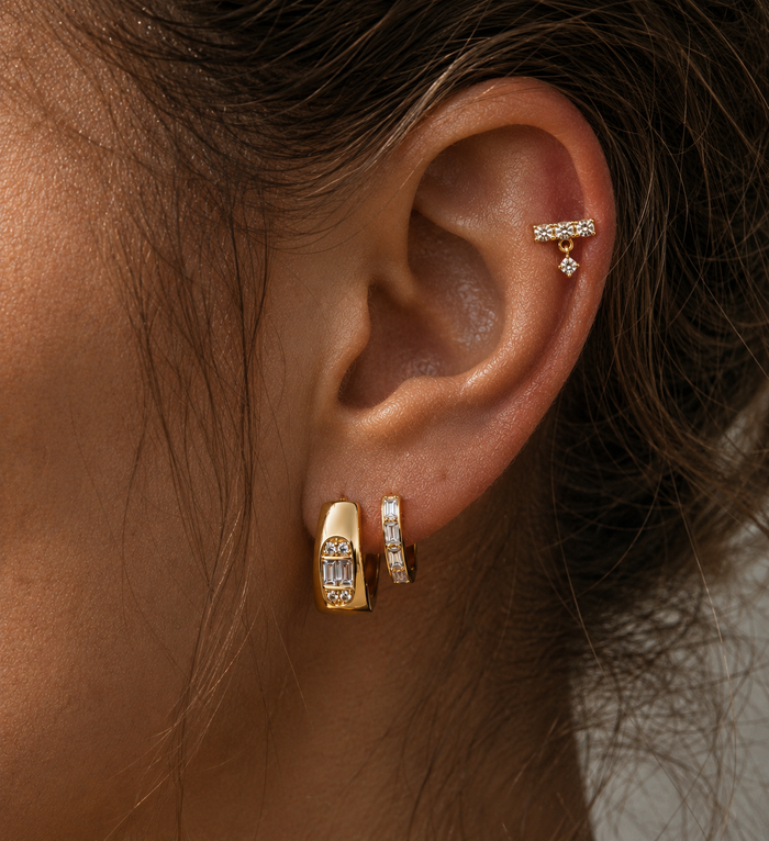Delicate gold baguette drop studs made for second, third, or cartilage piercings