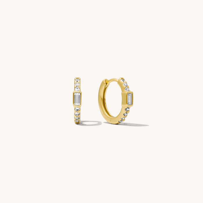 Baguette Stella hoops with a sleek baguette centerpiece set among pave stones