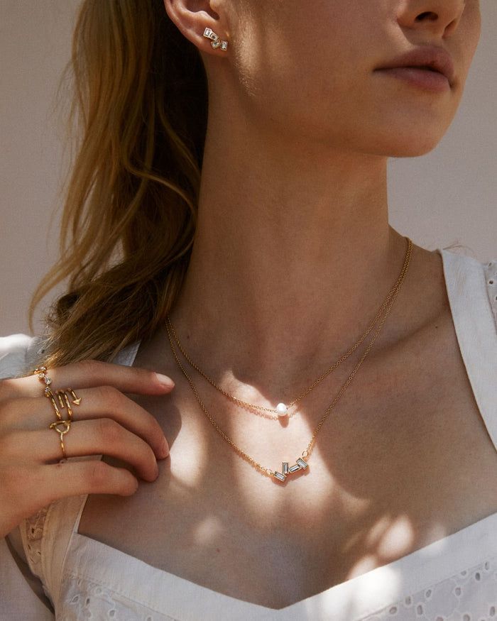 Bryan Anthonys Beautifully Broken Necklace Gold with Crystal Necklace On Model
