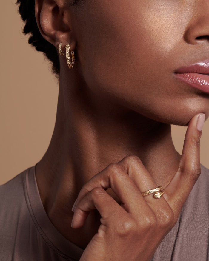 Bryan Anthonys Begin Again Midi Hoop Earrings on Model in Gold