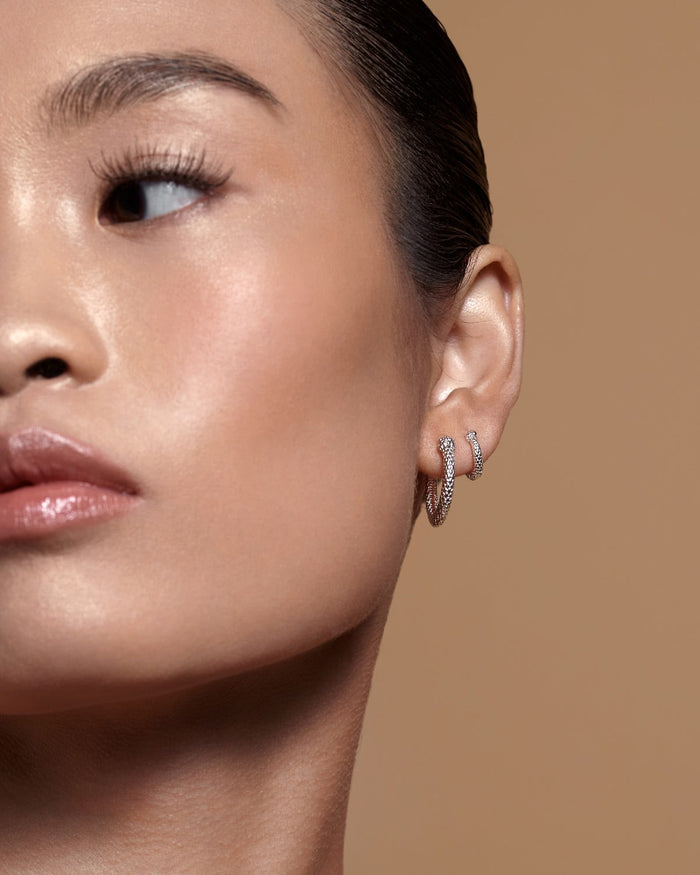 Bryan Anthonys Begin Again Midi Hoop Earrings on Model in Silver