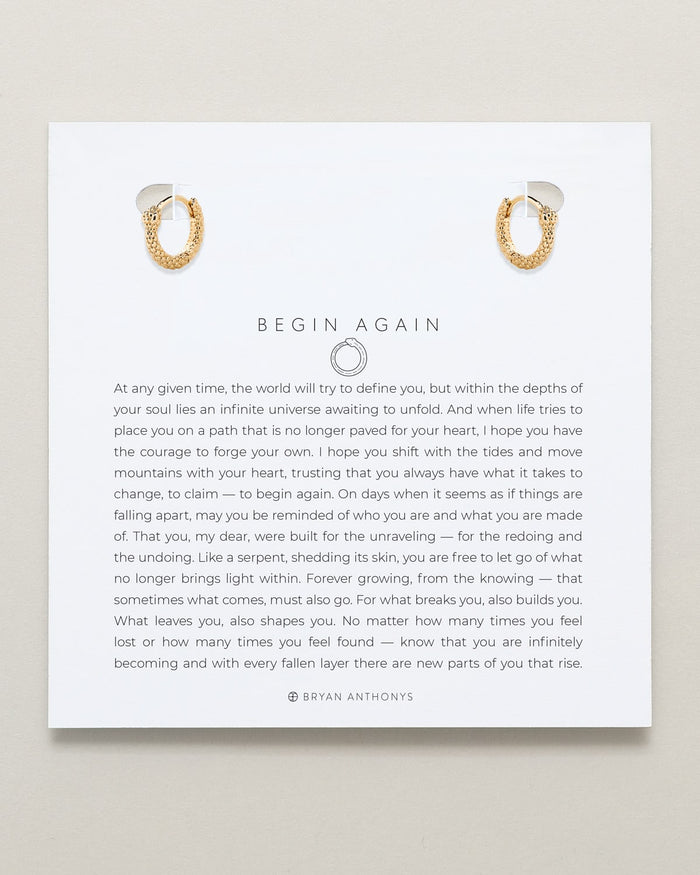 Bryan Anthonys Begin Again Mini Hoop Earrings in Gold On Meaning Card