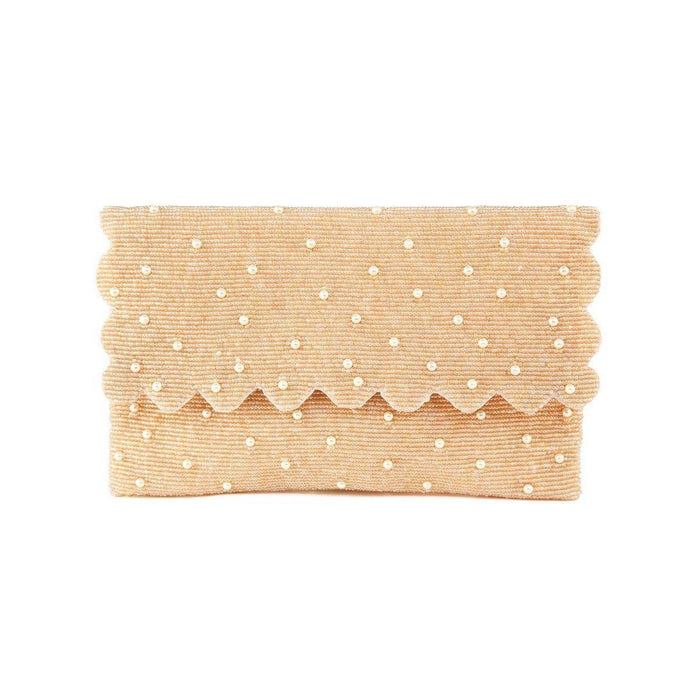 Beige Beaded Handbag With Pearl Embellishment and Scalloped Edge - Gifts for Her - The Well Appointed House
