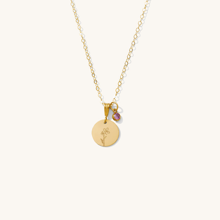 The Birth Flower necklace with hand drawn flower charms in gold