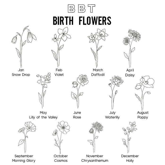 Hand drawn birth flower pendants on the Birth Flower necklace in gold