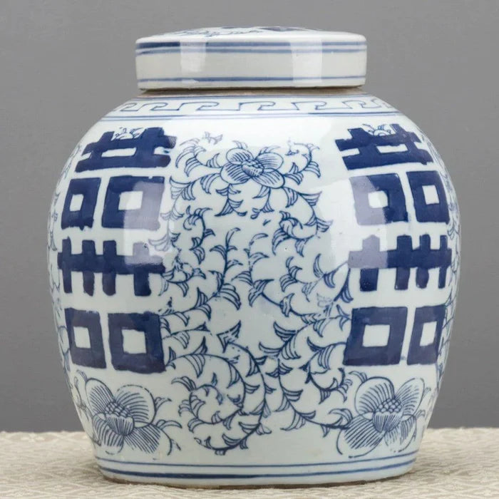 Blue and White Double Happiness Lidded Jar - Vases & Jars - The Well Appointed House