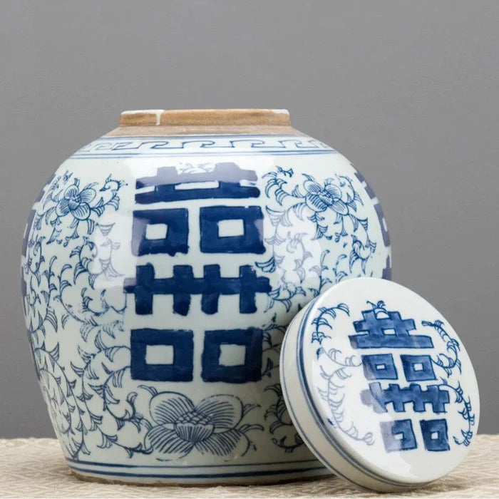 Blue and White Double Happiness Lidded Jar - Vases & Jars - The Well Appointed House