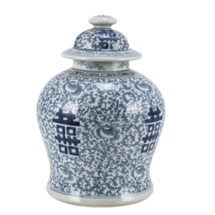 Blue and White Floral Porcelain Double Happiness Temple Jar - Vases & Jars - The Well Appointed House