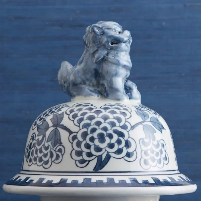 Blue and White Peony Flower Design Porcelain Covered Temple Jar - Vases & Jars - The Well Appointed House