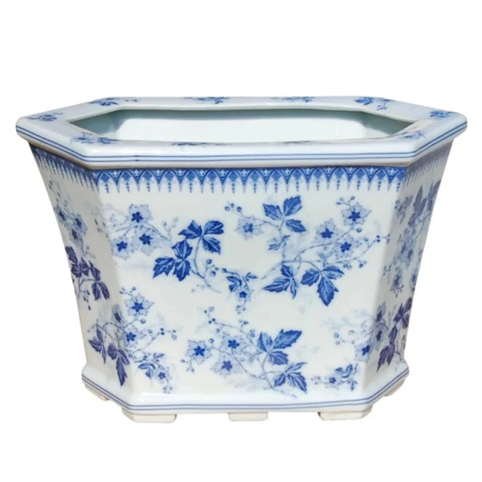 Blue and White Porcelain Floral Hexagon Cachepot - Indoor Cachepots - The Well Appointed House