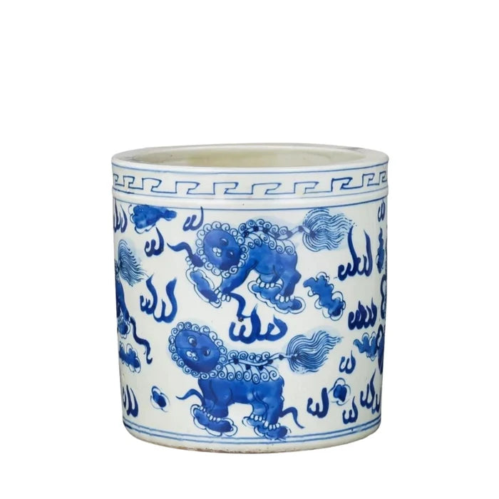 Blue And White Porcelain Orchid Pot Foo Dog Motif - Indoor Planters - The Well Appointed House