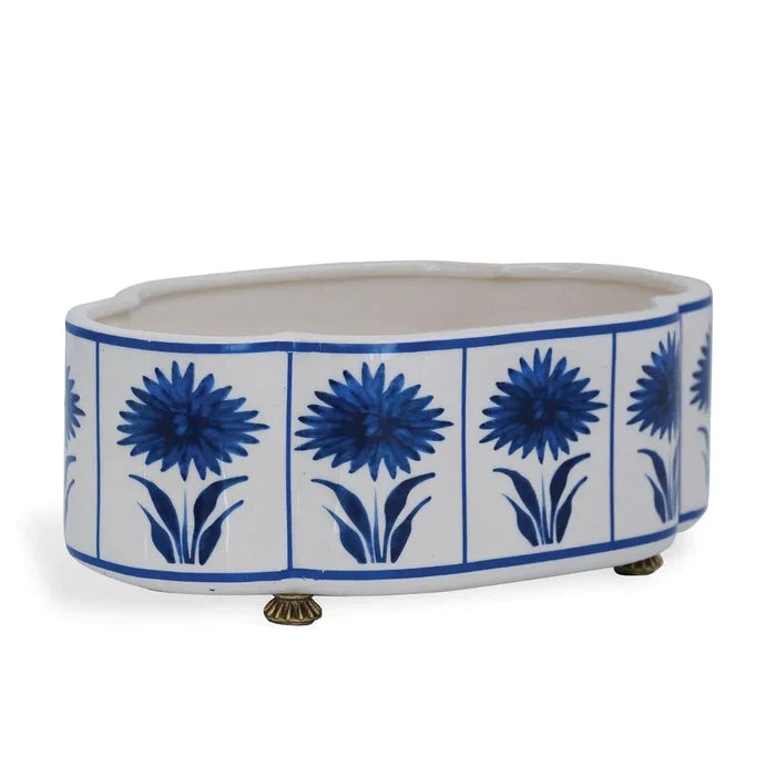 Blue and White Scallop Planter with Aster Pattern and Brass Feet - Indoor Planters - The Well Appointed House