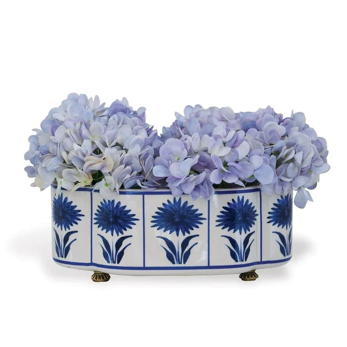 Blue and White Scallop Planter with Aster Pattern and Brass Feet - Indoor Planters - The Well Appointed House