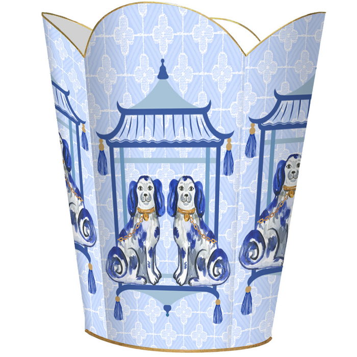 Blue Staffordshire Chic Dogs on Blue Wastepaper Basket and Optional Tissue Box Cover - Wastebasket - The Well Appointed House