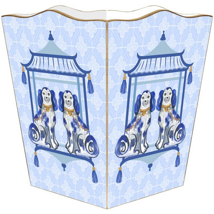 Blue Staffordshire Chic Dogs on Blue Wastepaper Basket and Optional Tissue Box Cover - Wastebasket - The Well Appointed House