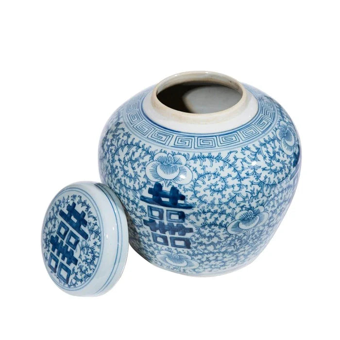 Blue & White Porcelain Double Happiness Floral Lidded Jar - Vases & Jars - The Well Appointed House