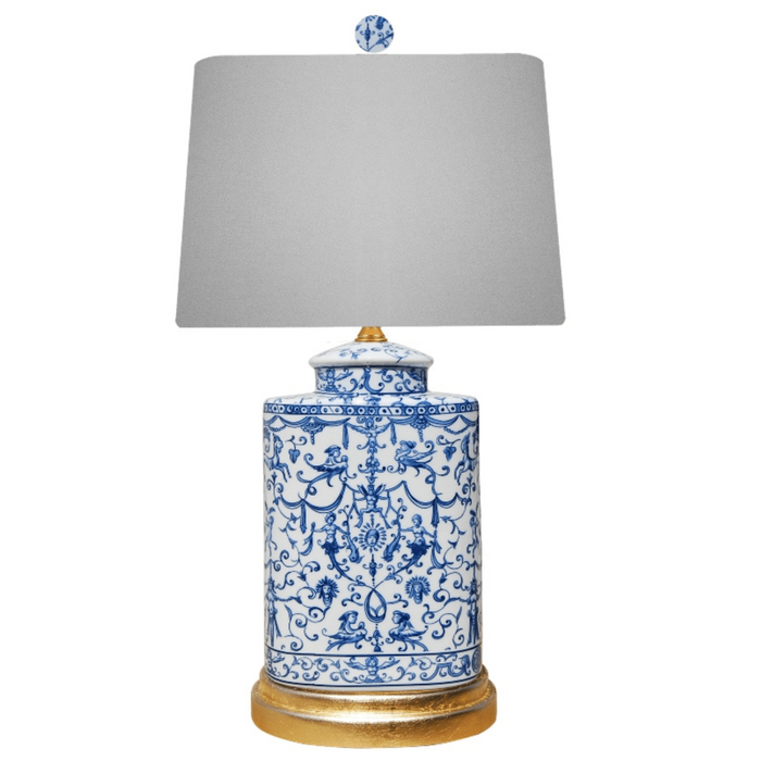 Blue & White Porcelain Euro Oval Urn Lamp With Gold Leaf Base - Table Lamps - The Well Appointed House
