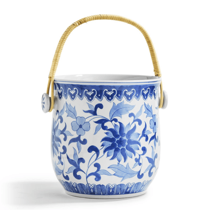 Blue & White Porcelain Floral Bucket with Woven Cane Handle - Bar Tools & Accessories - The Well Appointed House