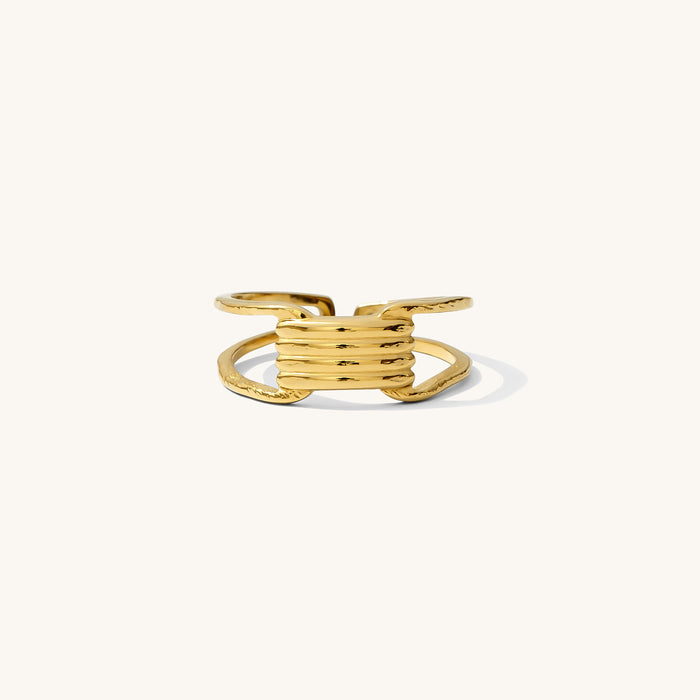 Buckle ring, an adjustable stainless steel statement ring with a buckle motif