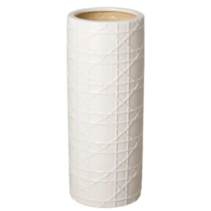 Glossy Glazed White Cane Motif Ceramic Umbrella Stand - Umbrella Stands - The Well Appointed House