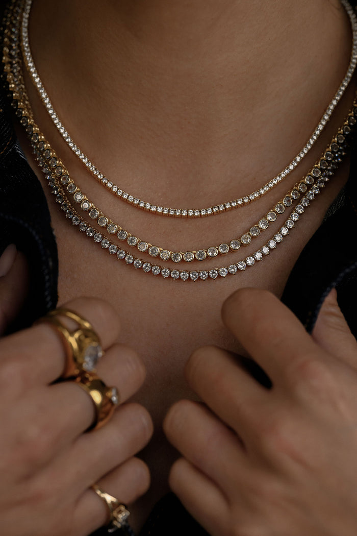 Crystal tennis necklace in gold with a secure clasp by Beads by Tara
