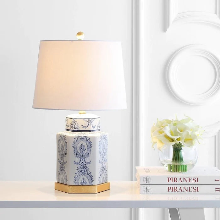 Ceramic Table Lamp with Blue and White Lapis Design and Gold Accent, Set of 2 - Table Lamps - The Well Appointed House