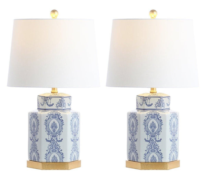 Ceramic Table Lamp with Blue and White Lapis Design and Gold Accent, Set of 2 - Table Lamps - The Well Appointed House