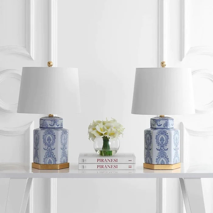 Ceramic Table Lamp with Blue and White Lapis Design and Gold Accent, Set of 2 - Table Lamps - The Well Appointed House