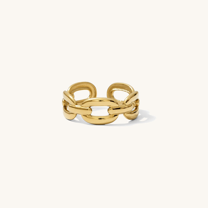 Chain Reaction ring built from oversized chain links that lay flat on the finger