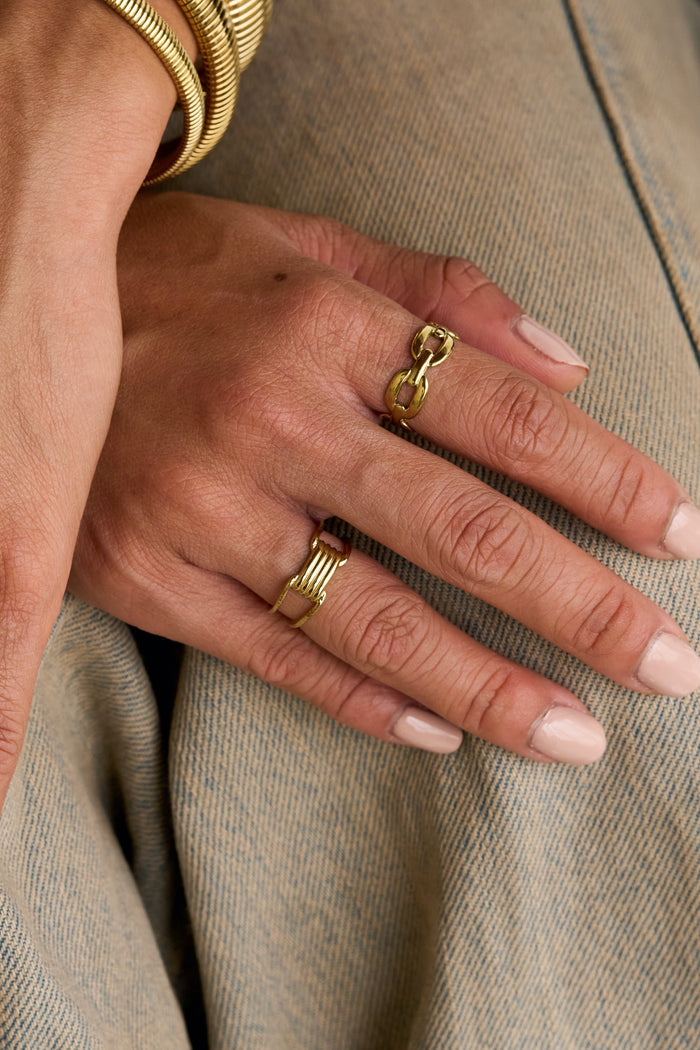 The Chain Reaction ring, a chunky angular chain-link band for a bold stack