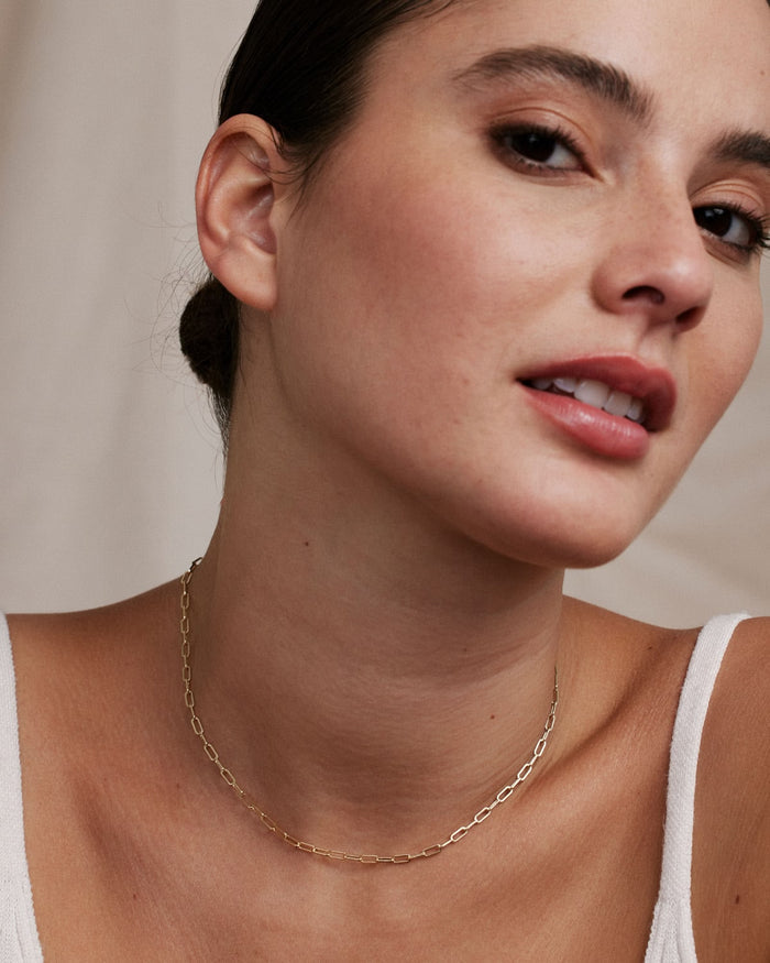 Bryan Anthonys Layers of You Connected Gold Delicate Paperclip Chain Necklace On Model
