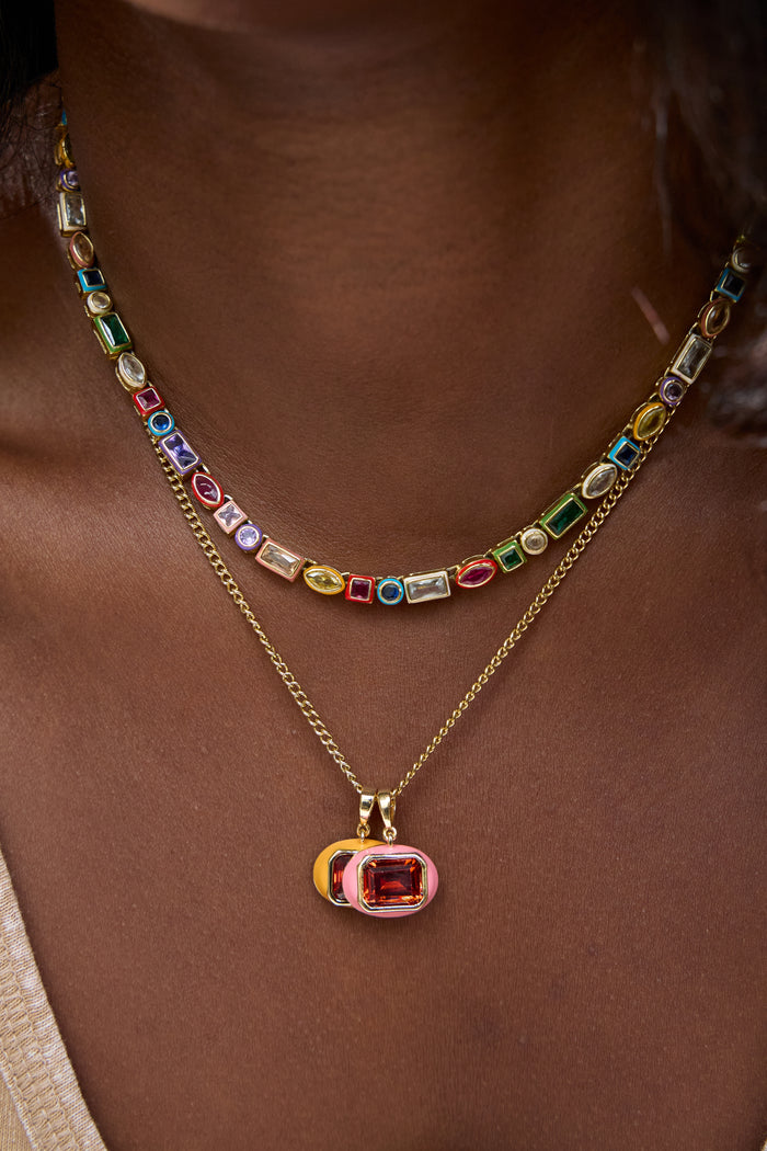The Gelato tennis necklace in 14k gold plated sterling silver with colorful stones