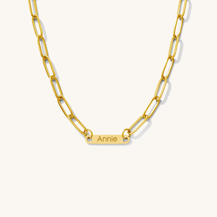 The Custom Bar Link necklace with engravable bar links on a chunky chain