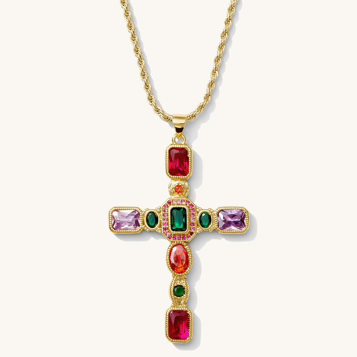 Dallas necklace featuring a jumbo cross set with bold colored stones