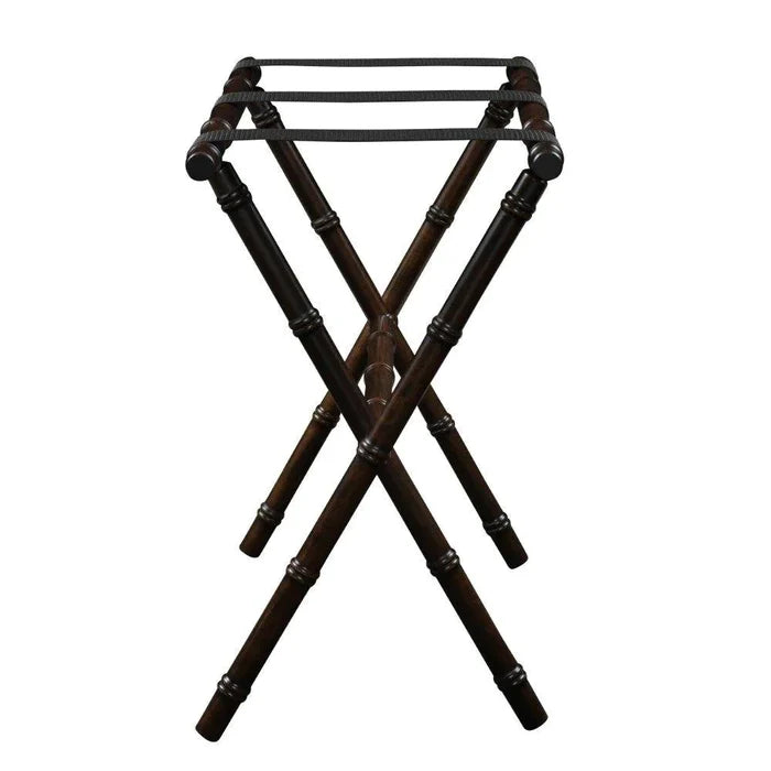 Dark Walnut Bamboo Inspired Wood Luggage Rack with 3 Black Nylon Straps - End of Bed - The Well Appointed House