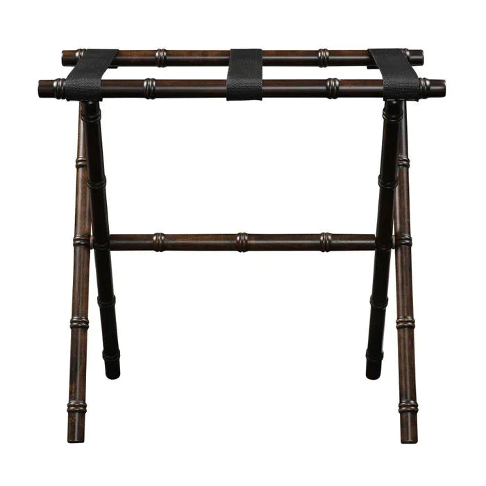 Dark Walnut Bamboo Inspired Wood Luggage Rack with 3 Black Nylon Straps - End of Bed - The Well Appointed House