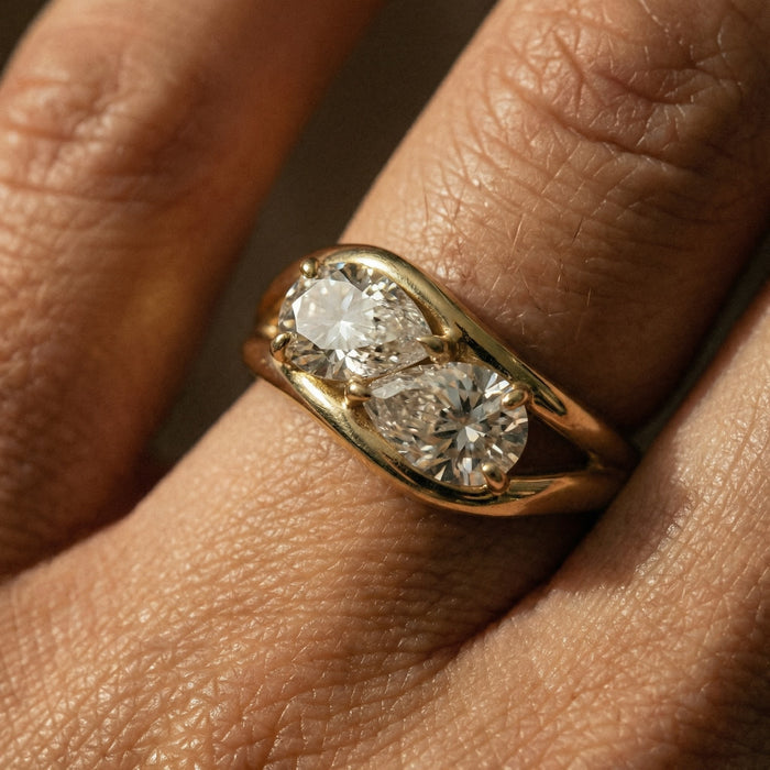 Gold Double Pear pinky ring with two opposing pear cut stones