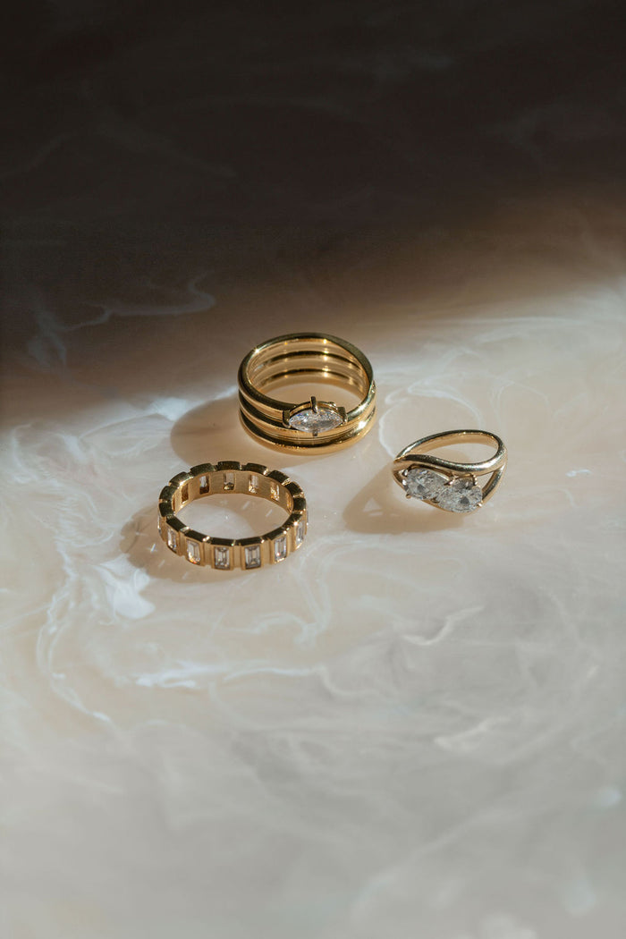 Gold vermeil pinky ring with mirrored pear cut white topaz stones