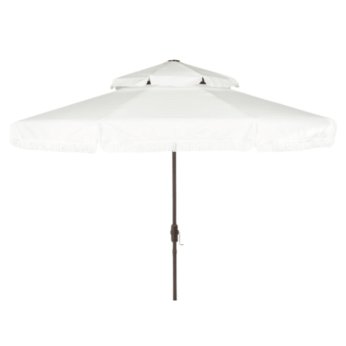 Double Top 9 Foot Crank Umbrella with Fringe in White - Outdoor Umbrellas - The Well Appointed House