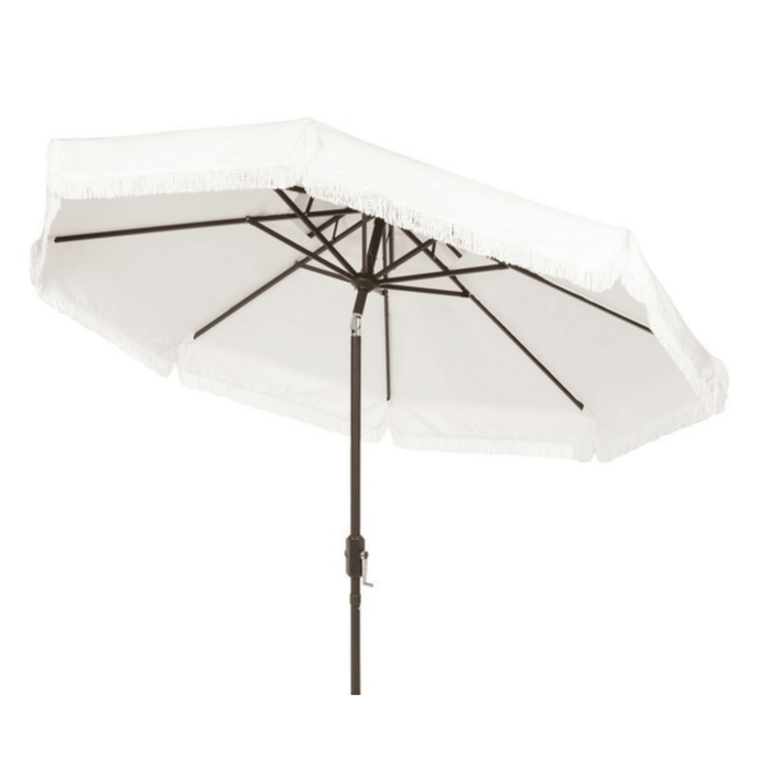 Double Top 9 Foot Crank Umbrella with Fringe in White - Outdoor Umbrellas - The Well Appointed House