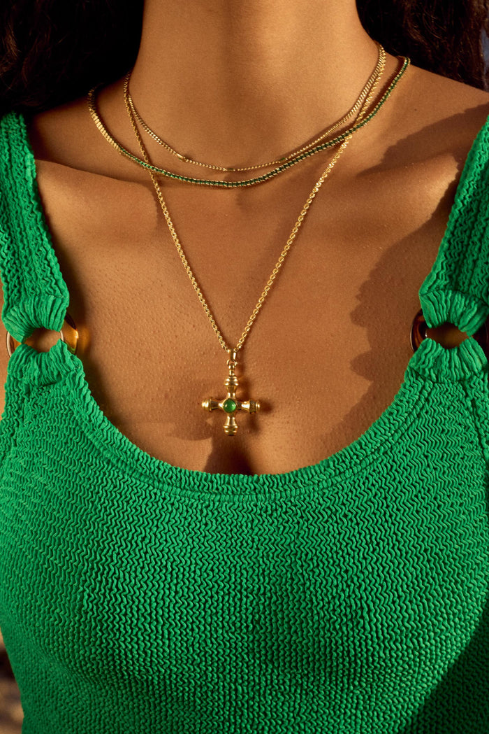 Gold Dune necklace with an emerald center stone by Beads by Tara
